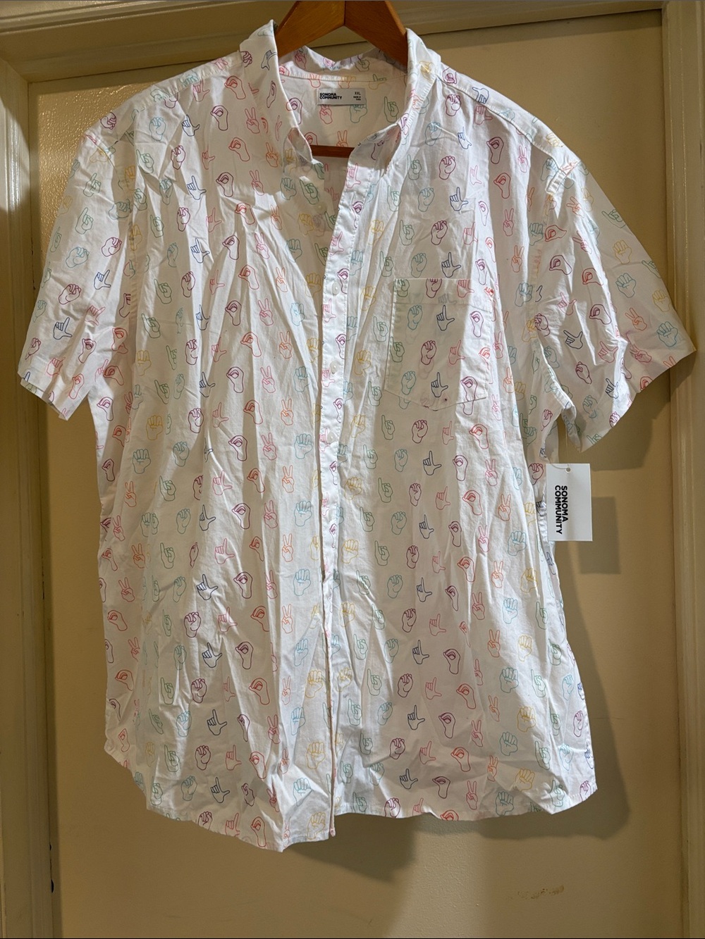SONOMA White Short-Sleeve Button-Down Shirt with Multicolor sign language NWT